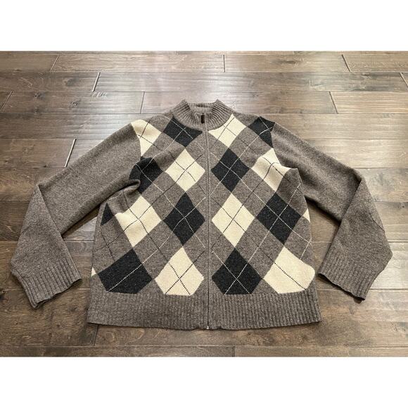 J.Crew Mens Brown Full Zip Diamond Argyle Long Sleeve Lambswool Sweater Size XL - Picture 2 of 10